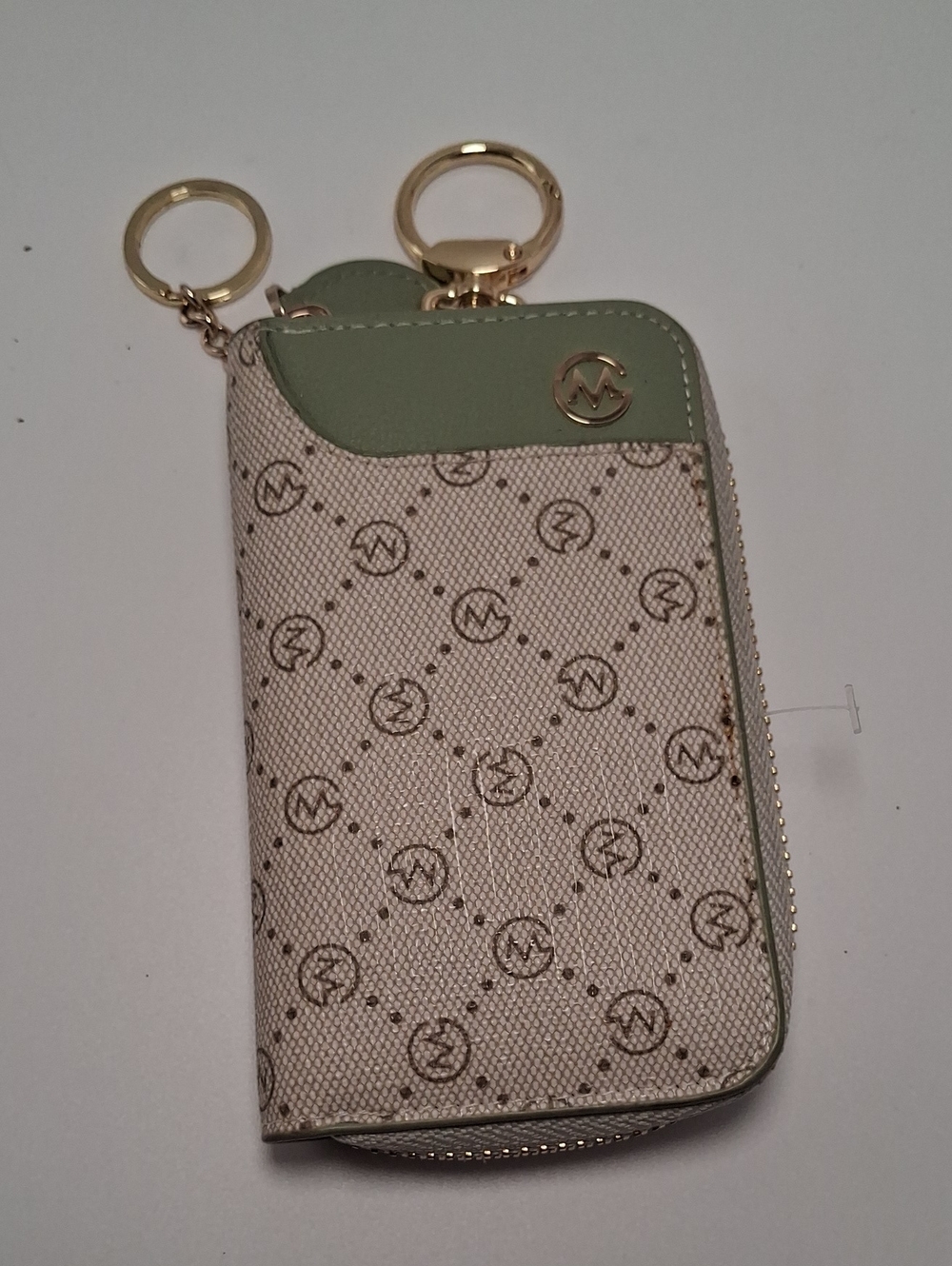 Green Trim Monogram Zip Key Wallet